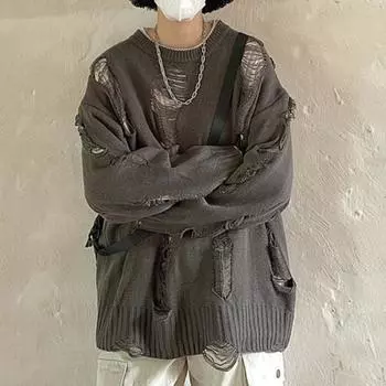 Мужской осенне-зимний свитер, рваный поддельный двухсекционный хип-хоп, однотонный, с вырезами, вязаный с круглым вырезом и длинным рукавом, свободный, мягкий, толстый, теплый, уличная одежда M серый