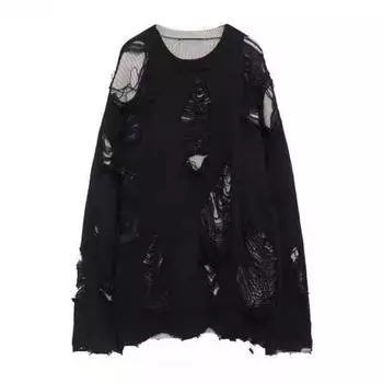 Мужской осенне-зимний свитер, рваный поддельный двухсекционный хип-хоп, однотонный, с вырезами, вязаный с круглым вырезом и длинным рукавом, свободный, мягкий, толстый, теплый, уличная одежда M серый