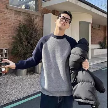 Мужской осенне-зимний свитер с круглым вырезом и длинными рукавами, повседневный свободный вязаный пуловер контрастного цвета, универсальный вязаный пуловер M