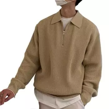 Мужской осенне-зимний свитер с лацканами, однотонный вязаный свободный свободный свитер на молнии с длинными рукавами, мягкий теплый пулобер средней длины, мужской повседневный свитер XL хаки