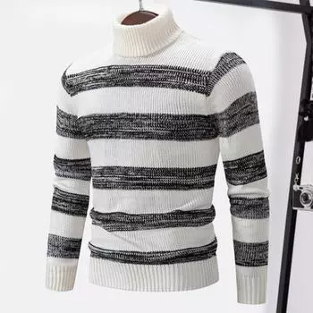 Мужской осенне-зимний свитер в полоску с цветными блоками, вязаный высокий воротник, защита шеи, эластичный пуловер с длинными рукавами, толстый, теплый, мягкий, мужской свитер средней длины L чёрный