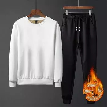 Мужской осенне-зимний теплый однотонный спортивный костюм с круглым вырезом, длинный рукав, свитер + брюки, комплект из двух предметов XS белый
