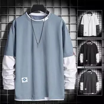 Мужской осенне-зимний топ, искусственный двухсекционный лоскутный цвет, свободный пуловер с круглым вырезом и длинным рукавом, мягкая уличная одежда в стиле хип-хоп, повседневная мужская толстовка M чёрный