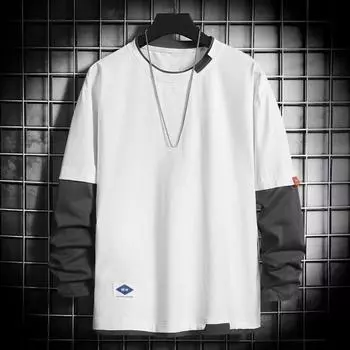 Мужской осенне-зимний топ, искусственный двухсекционный лоскутный цвет, свободный пуловер с круглым вырезом и длинным рукавом, мягкая уличная одежда в стиле хип-хоп, повседневная мужская толстовка M чёрный