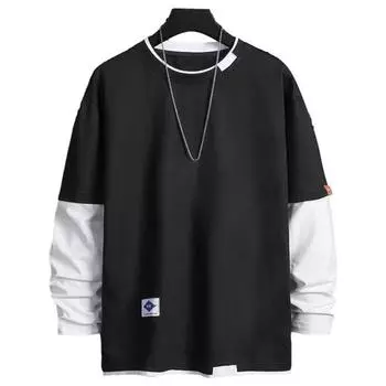 Мужской осенне-зимний топ, искусственный двухсекционный лоскутный цвет, свободный пуловер с круглым вырезом и длинным рукавом, мягкая уличная одежда в стиле хип-хоп, повседневная мужская толстовка M синий