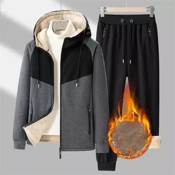 Мужской осенне-зимний утепленный кашемировый теплый кашемировый спортивный кардиган из двух частей с капюшоном, толстовка, брюки, новый костюм L чёрный