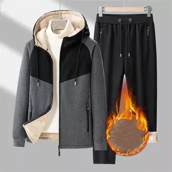 Мужской осенне-зимний утепленный кашемировый теплый кашемировый спортивный кардиган из двух частей с капюшоном, толстовка, брюки, новый костюм L чёрный