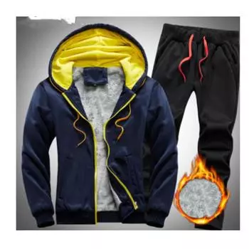 Мужской осенне-зимний утепленный спортивный костюм с цветными блоками, комплект из двух предметов: топ с капюшоном и брюки XXXXXL