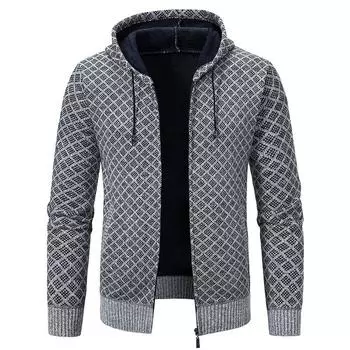 Мужской осенне-зимний вязаный кардиган, повседневная куртка на молнии с капюшоном, вязаная куртка с узором в клетку 3XL