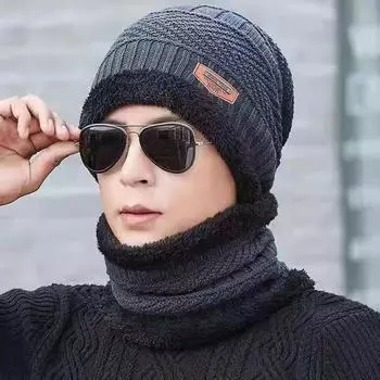 Мужской осенне-зимний вязаный комплект из шапки и шарфа — утепленный, шерстяной, наушники для отдыха на природе One Size, Black/Gray Interior темно-синий