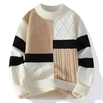 Мужской осенне-зимний вязаный свитер, повседневный, теплый, с воротником-стойкой, шикарные лоскутные свитера, топы, мужская одежда 3XL белый
