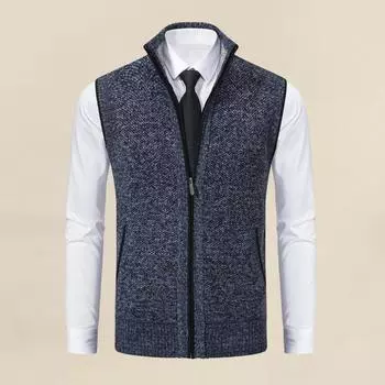 Мужской осенне-зимний жилет, пальто с воротником-стойкой, вязаный кардиган на молнии, защита шеи, без рукавов, приталенный крой, теплая повседневная мягкая мужская куртка средней длины XL синий