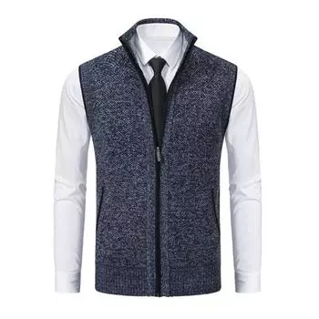 Мужской осенне-зимний жилет, пальто с воротником-стойкой, вязаный кардиган на молнии, защита шеи, без рукавов, приталенный крой, теплая повседневная мягкая мужская куртка средней длины XL синий
