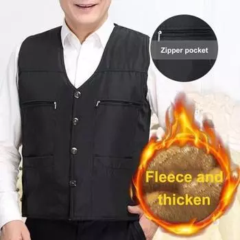 Мужской осенне-зимний жилет, толстый плюшевый жилет без рукавов на молнии с V-образным вырезом, сплошной цвет с несколькими карманами, жилет среднего возраста для отца-рыбалки, мужской зимний жилет, пальто XL чёрный