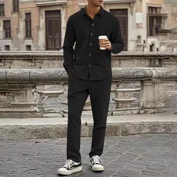 Мужской осенний комплект из 2 предметов: рубашка с длинным рукавом и брюками в полоску с длинными рукавами L чёрный