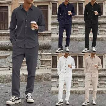 Мужской осенний комплект из 2 предметов: рубашка с длинным рукавом и брюками в полоску с длинными рукавами XXL хаки