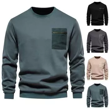 Мужской осенний однотонный свитер с длинным рукавом и карманом на молнии, мужской свободный однотонный свитер с круглым вырезом XL