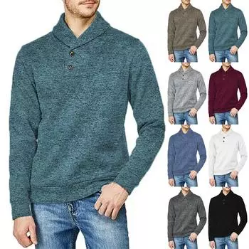 Мужской осенний однотонный тонкий бархатный повседневный свободный свитер с длинным рукавом на пуговицах L чёрный