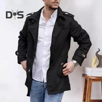 Мужской осенний плащ с лацканами средней длины, однотонный плащ, свободный ветрозащитный декор на пуговицах, повседневная уличная одежда, однобортная мужская весенняя куртка L чёрный