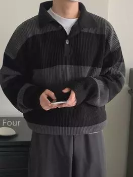 Мужской осенний полосатый свитер-поло в корейском стиле - японский контраст, свободный повседневный дизайн лацканов M чёрный
