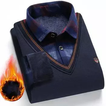 Мужской осенний повседневный свитер из двух частей с воротником-рубашкой из утолщенного бархата XXXXL синий