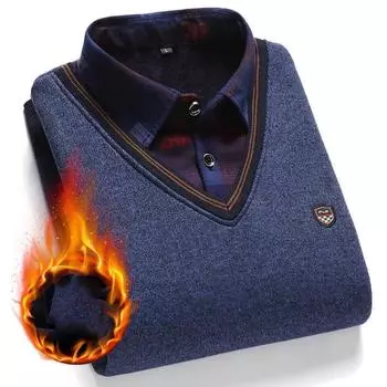 Мужской осенний повседневный свитер из двух частей с воротником-рубашкой из утолщенного бархата XXL синий