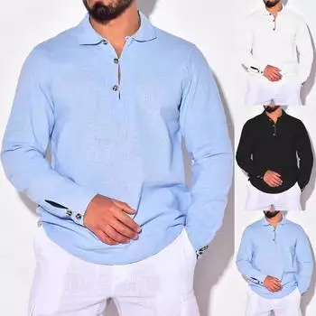 Мужской осенний повседневный свободный однотонный топ из хлопка и льна с длинным рукавом и пуговицами на лацканах L чёрный