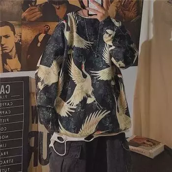 Мужской осенний свитер с японским ретро-принтом «Журавль» — свободный крой, круглая горловина, китайский стиль 3XL кофейный