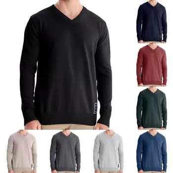 Мужской осенний свитер с V-образным вырезом и длинными рукавами, однотонный свитер мужского свободного покроя с круглым вырезом L бежевый