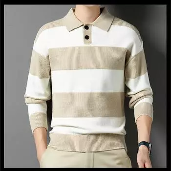 Мужской осенний свитер свободного покроя в полоску с воротником-стойкой, модный трендовый свитер M хаки