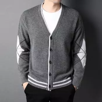 Мужской осенний вязаный кардиган, осенняя повседневная мода, V-образный вырез, свободная жаккардовая мужская куртка M