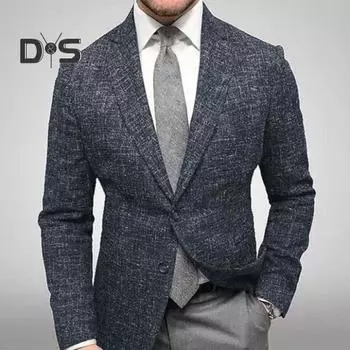 Мужской пиджак, деловой пиджак, формальный кардиган с лацканами и клетчатым принтом, длинный рукав, двойные пуговицы, накладные карманы, не допускающий складок, свадебный пиджак для жениха L синий