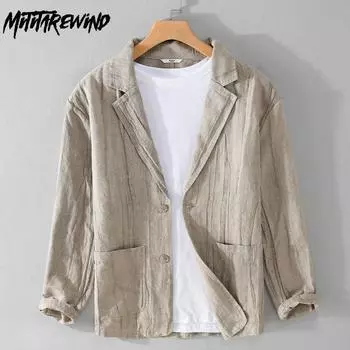 Мужской пиджак из хлопка и льна в стиле лени, повседневный мужской костюм для поездок на работу и обратно, однотонный ретро-пиджак цвета хаки, дышащая мужская одежда M хаки