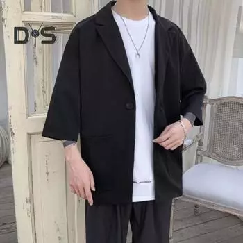 Мужской пиджак, однотонный, весна-лето, пиджак с одной пуговицей, лацкан, рукав 3/4, свободный крой, повседневная деловая верхняя одежда M серый