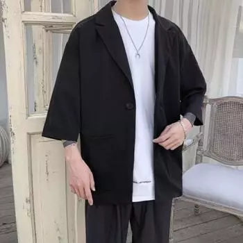 Мужской пиджак, однотонный, весна-лето, пиджак с одной пуговицей, лацкан, рукав 3/4, свободный крой, повседневная деловая верхняя одежда M чёрный