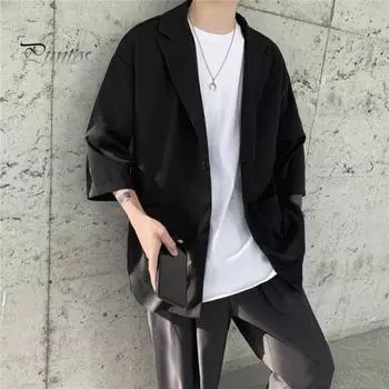 Мужской пиджак, однотонный, весна-лето, пиджак с одной пуговицей, лацкан, рукав 3/4, свободный крой, повседневная деловая верхняя одежда M чёрный