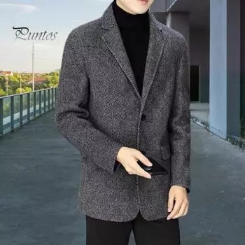 Мужской пиджак с лацканами, длинный рукав, две пуговицы, деловой пиджак, приталенный крой, однотонная осенне-зимняя шерстяная верхняя одежда L серый
