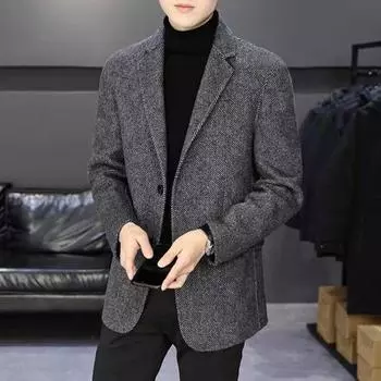 Мужской пиджак с лацканами, длинный рукав, две пуговицы, деловой пиджак, приталенный крой, однотонная осенне-зимняя шерстяная верхняя одежда L серый
