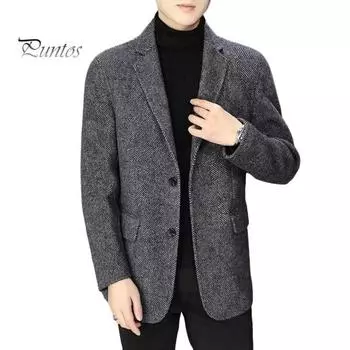 Мужской пиджак с лацканами, длинный рукав, две пуговицы, деловой пиджак, приталенный крой, однотонная осенне-зимняя шерстяная верхняя одежда M серый