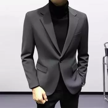 Мужской пиджак с лацканами, длинный рукав, карманы с клапанами, повседневный деловой пиджак, однотонный M темно-серого