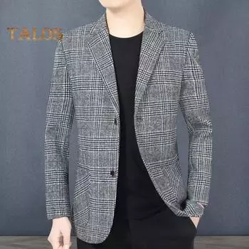 Мужской пиджак с лацканами, длинный рукав, клетчатый узор, застежка на две пуговицы, пиджак с карманами, приталенный деловой пиджак M хаки