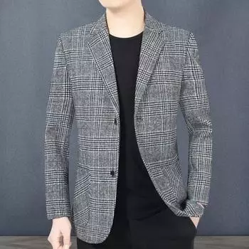 Мужской пиджак с лацканами, длинный рукав, клетчатый узор, застежка на две пуговицы, пиджак с карманами, тонкий M хаки