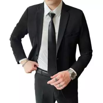 Мужской пиджак с лацканами, длинным рукавом, застежкой на пуговицы, с карманами-клапанами, однотонный приталенный деловой пиджак M чёрный