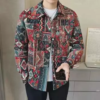 Мужской пиджак с жаккардовыми лацканами в этническом стиле – модная повседневная одежда на осень и весну Large