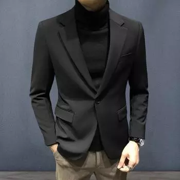 Мужской пиджак Yousheng с лацканами, длинными рукавами, карманами-клапанами, повседневный деловой пиджак, однотонный, на одной пуговице, деловая рабочая одежда M чёрный