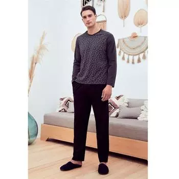 Мужской пижамный комплект Eros с v-образным вырезом спереди и длинным рукавом с принтом