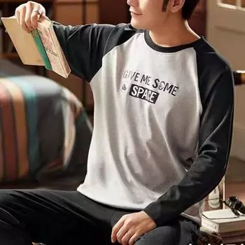 Мужской пижамный комплект из 2 шт./компл., осенний топ с круглым вырезом и длинным рукавом в клетку с буквенным принтом, эластичная талия 4XL