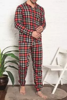 Мужской пижамный комплект на пуговицах с длинными рукавами и карманами в клетку Polar Plaid