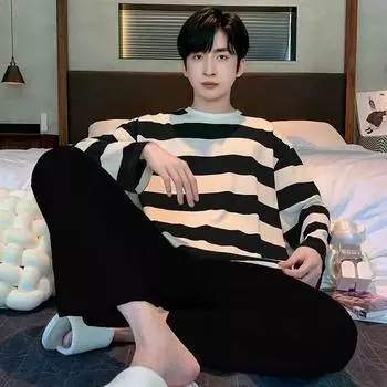 Мужской пижамный комплект, осенние и зимние топы, брюки, молодежная пижама, домашняя одежда, комплект из двух предметов, студенческая полосатая пижама, домашняя одежда L