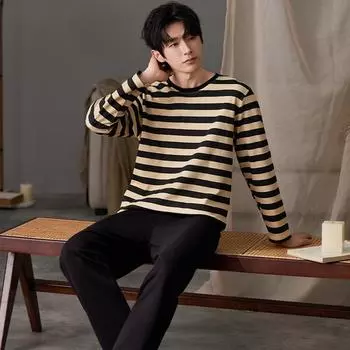 Мужской пижамный комплект в полоску осень-зима для отдыха с эластичной резинкой на талии для молодых мальчиков, пижама с длинным рукавом, домашняя одежда L
